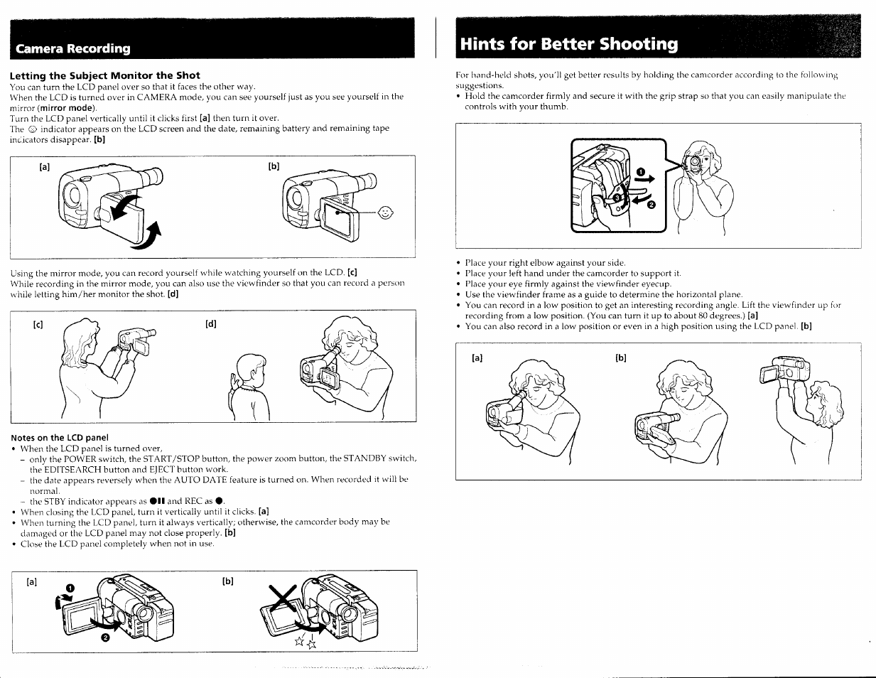 Hints for better shooting, Letting the subject monitor the shot, Notes on the lcd panel | Camera recording | Sony CCD-TRV30 User Manual | Page 8 / 29