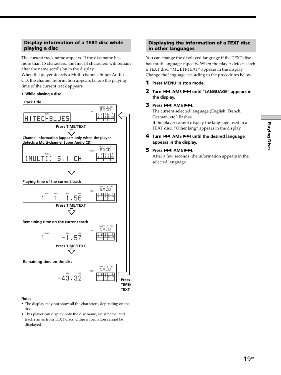 Playing discs, Press menu in stop mode | Sony SCD-XA9000ES User Manual | Page 19 / 34