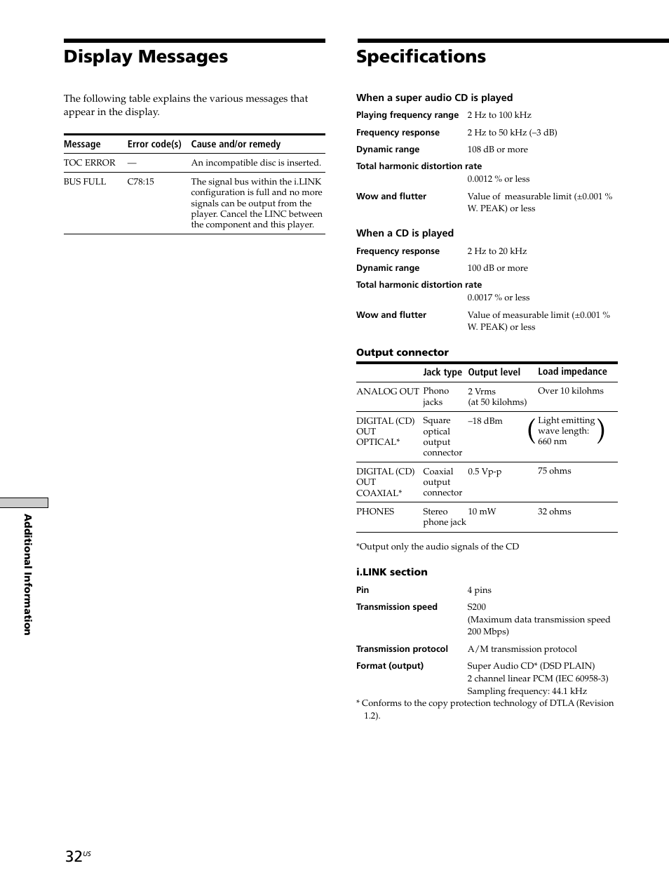 Specifications, Display messages | Sony SCD-XA9000ES User Manual | Page 32 / 34