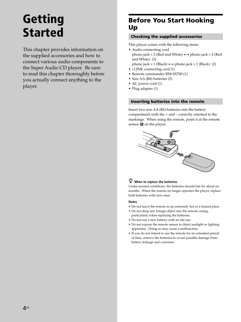 Getting started, Before you start hooking up | Sony SCD-XA9000ES User Manual | Page 4 / 34