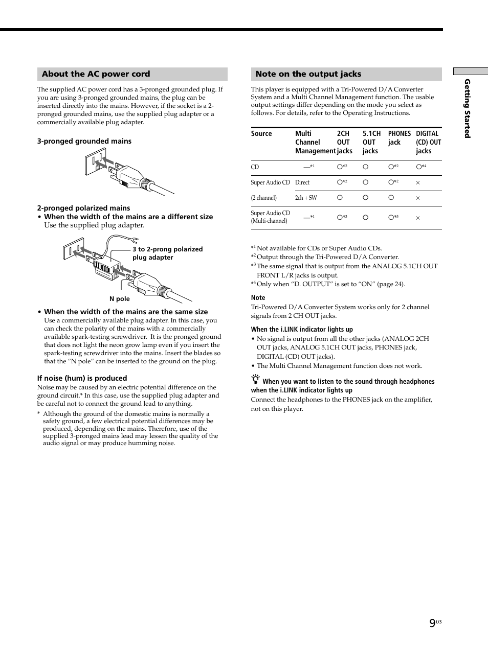 About the ac power cord | Sony SCD-XA9000ES User Manual | Page 9 / 34