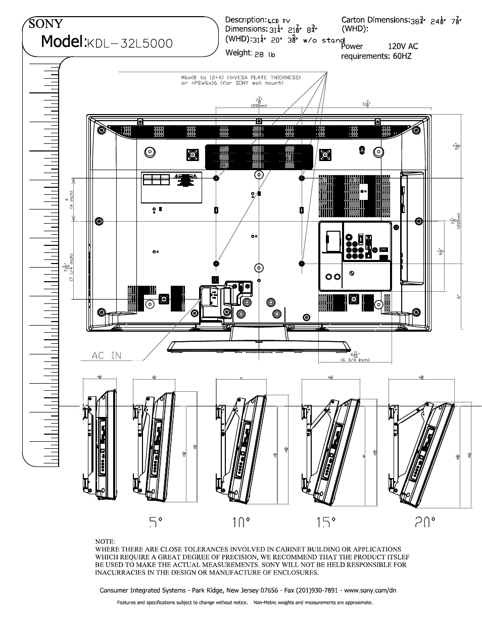 Sony, Model :kdl-32l50oo, Description: lcd tv carton dimensionsisg?' 24^' i | Dimensions: 3ii' z\l' 8?' (whd), Power, Weight: 28 ib, 120v ac requirements: 60hz, Model | Sony KDL-32L5000 User Manual | Page 2 / 2