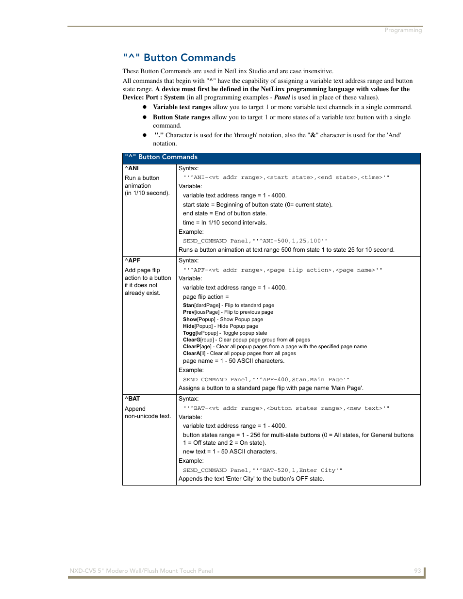 Button commands, Ani ^apf ^bat | AMX Modero NXD-CV5 User Manual | Page 105 / 152