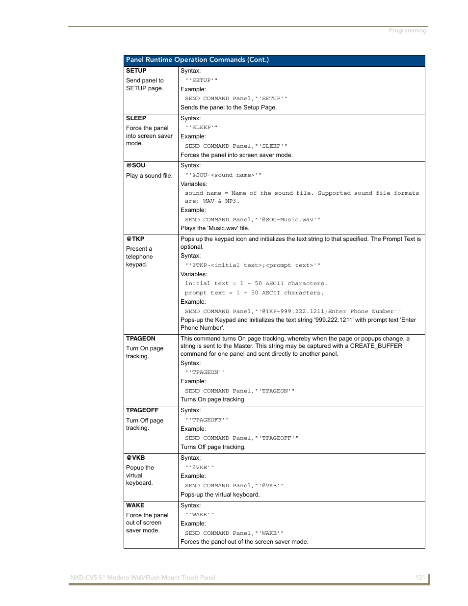 Setup, Sleep, Wake | AMX Modero NXD-CV5 User Manual | Page 133 / 152