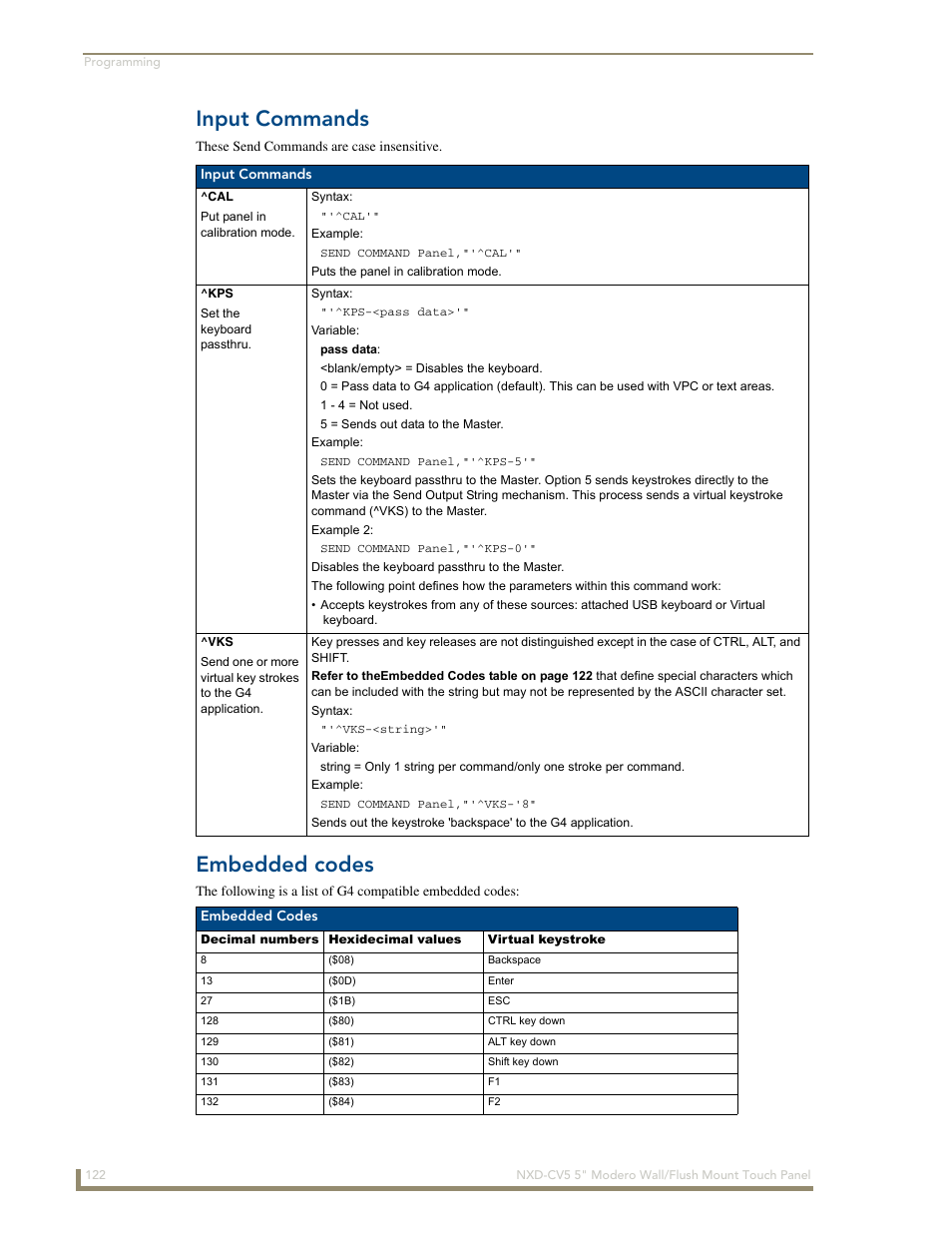 Input commands, Embedded codes, Cal ^kps ^vks | AMX Modero NXD-CV5 User Manual | Page 134 / 152