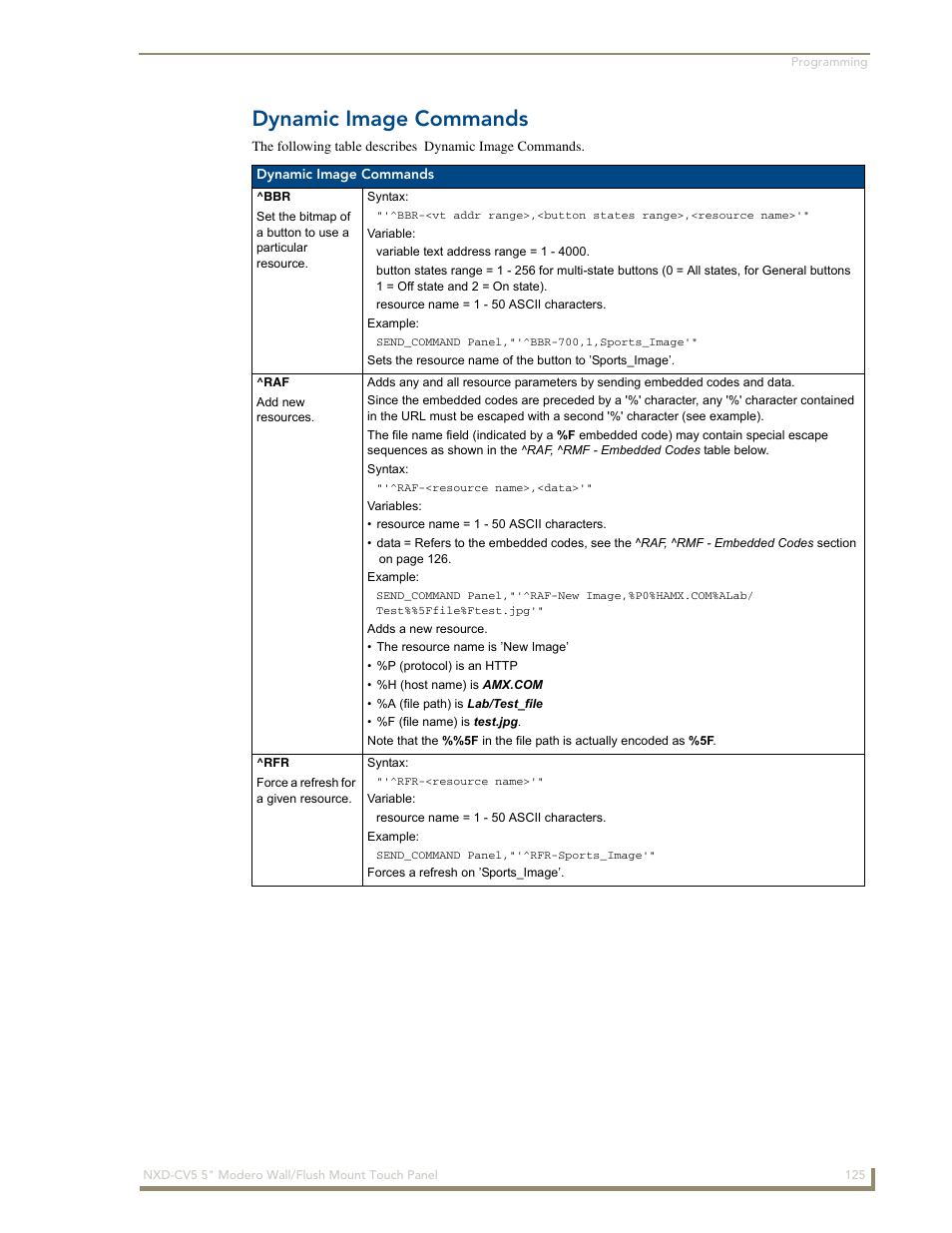 Dynamic image commands, Bbr ^raf ^rfr | AMX Modero NXD-CV5 User Manual | Page 137 / 152