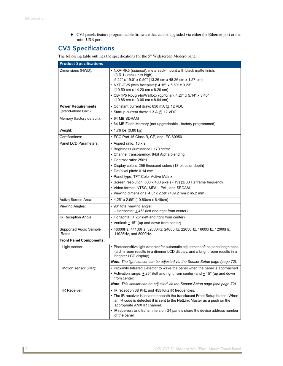 Cv5 specifications | AMX Modero NXD-CV5 User Manual | Page 14 / 152