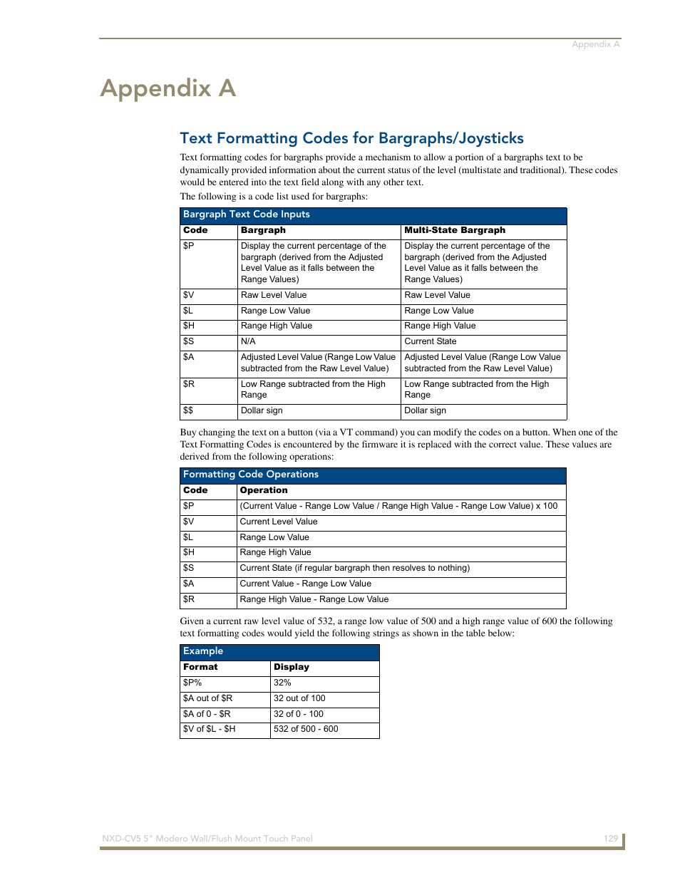 Appendix a, Text formatting codes for bargraphs/joysticks | AMX Modero NXD-CV5 User Manual | Page 141 / 152