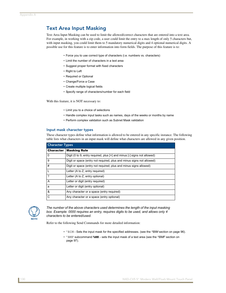 Text area input masking, Input mask character types | AMX Modero NXD-CV5 User Manual | Page 142 / 152