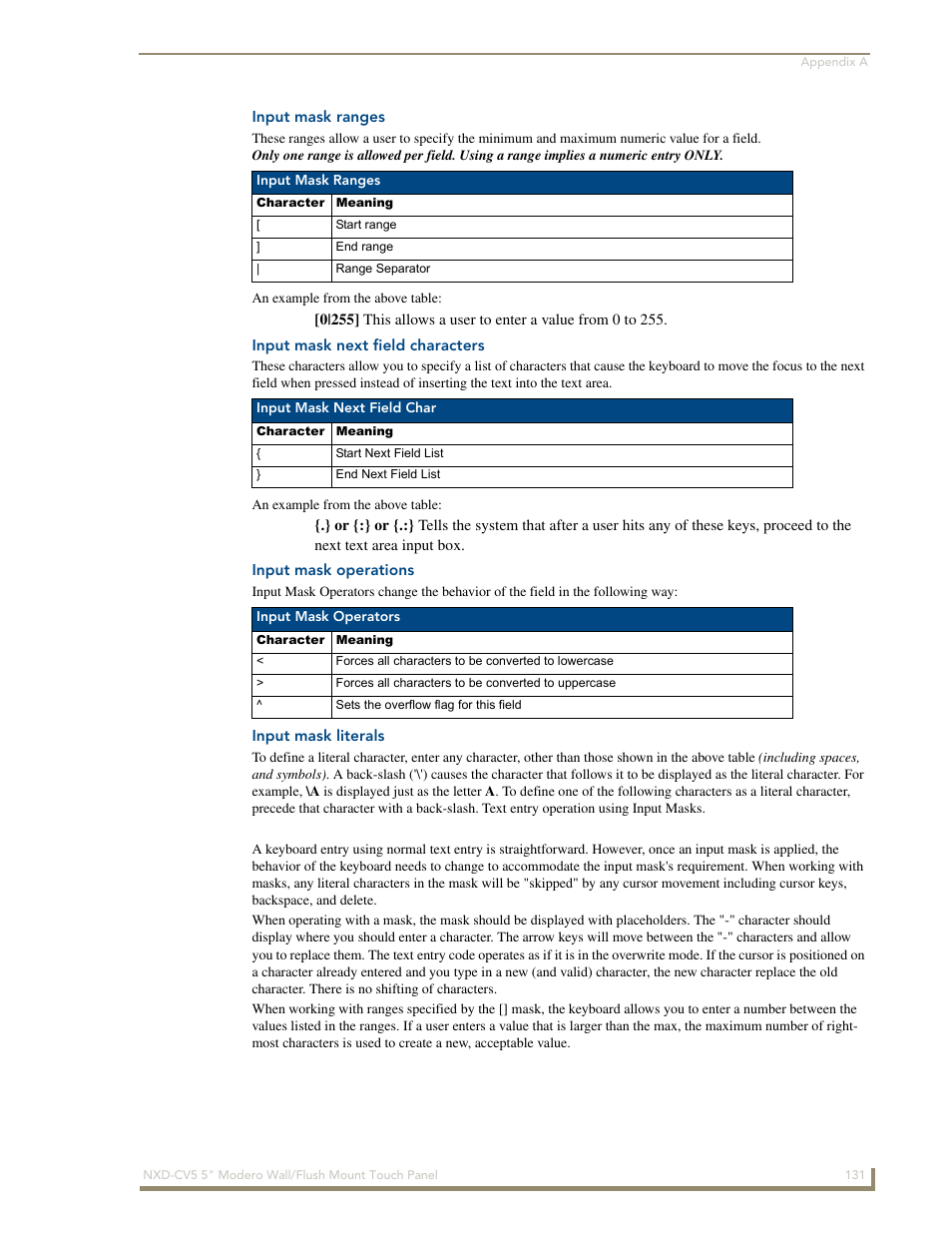 Input mask ranges, Input mask next field characters, Input mask operations | Input mask literals | AMX Modero NXD-CV5 User Manual | Page 143 / 152