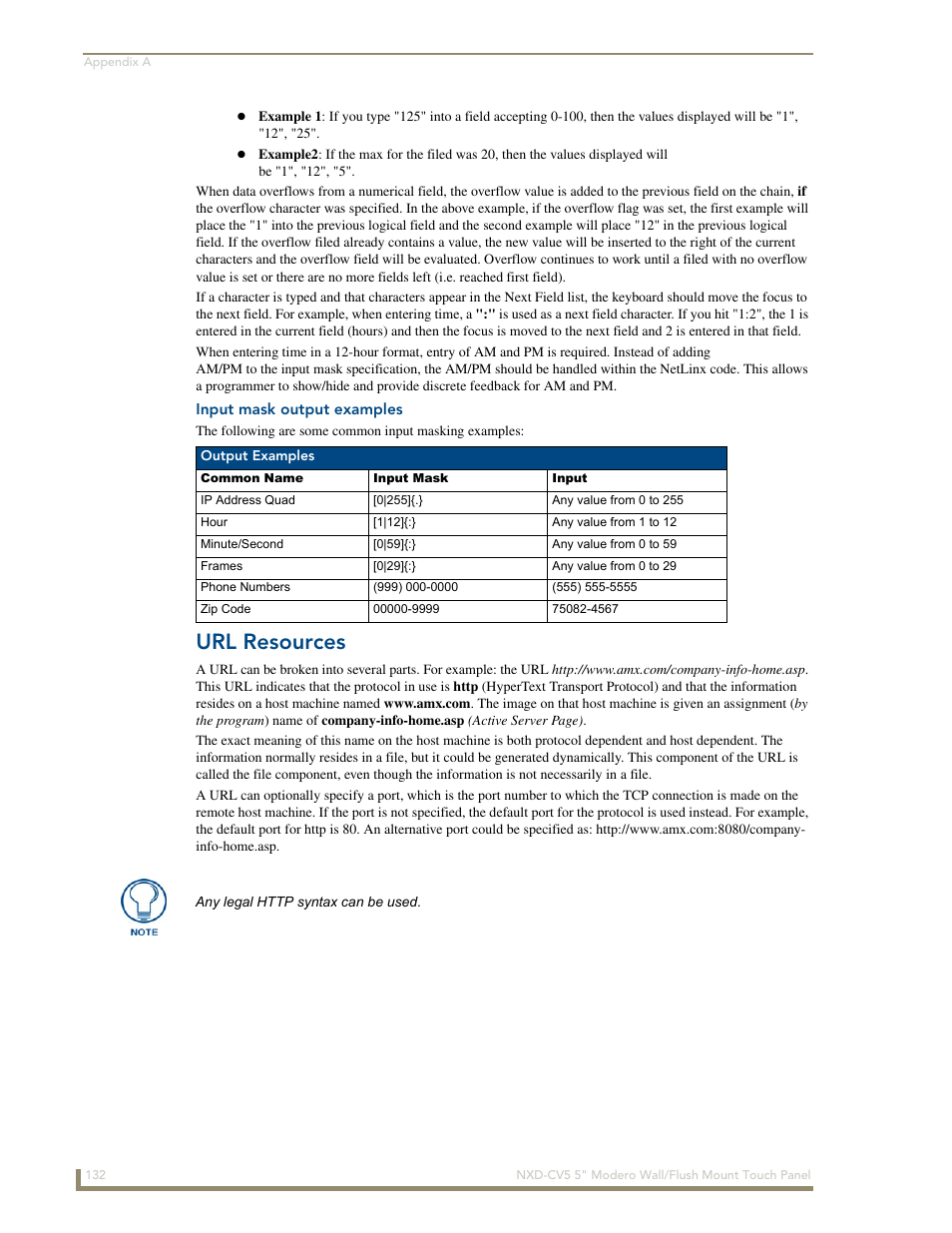 Input mask output examples, Url resources | AMX Modero NXD-CV5 User Manual | Page 144 / 152