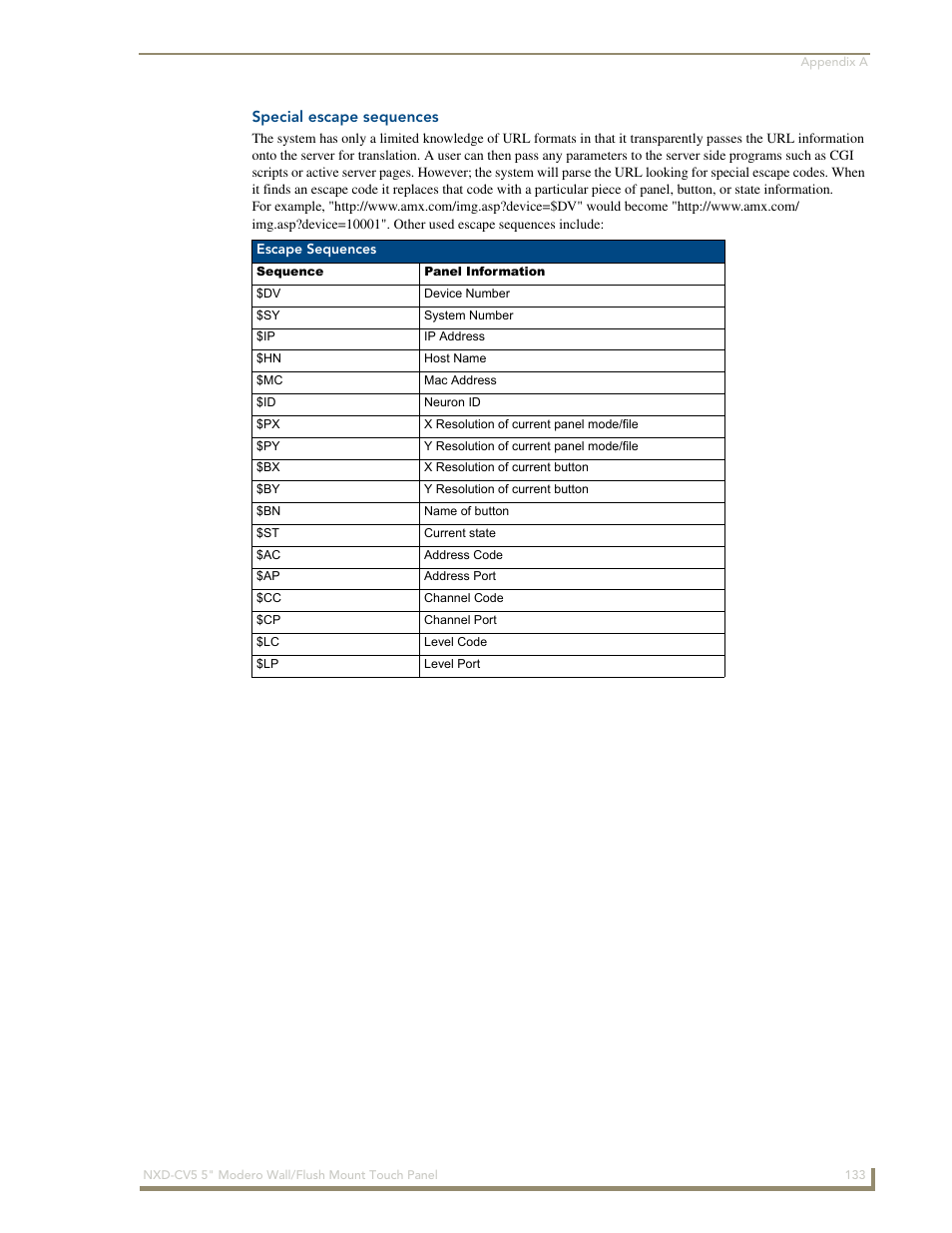 Special escape sequences | AMX Modero NXD-CV5 User Manual | Page 145 / 152