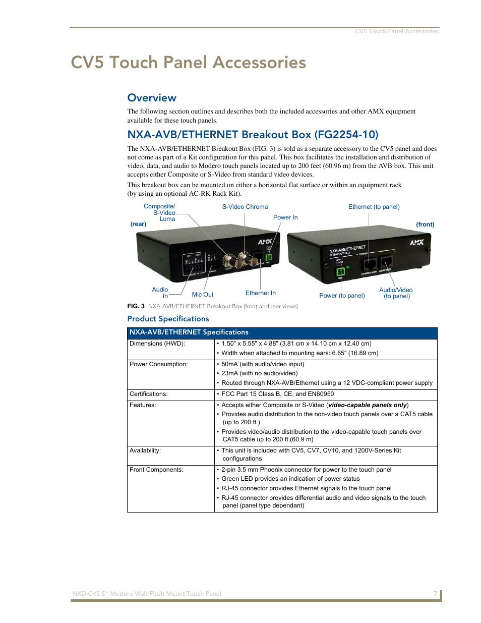 Cv5 touch panel accessories, Overview, Nxa-avb/ethernet breakout box (fg2254-10) | Product specifications | AMX Modero NXD-CV5 User Manual | Page 19 / 152