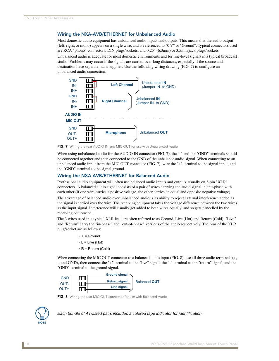 Wiring the nxa-avb/ethernet for unbalanced audio, Wiring the nxa-avb/ethernet for balanced audio | AMX Modero NXD-CV5 User Manual | Page 22 / 152