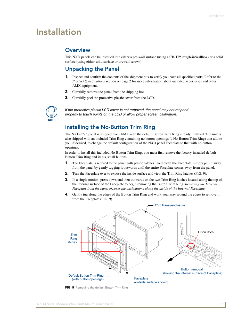 Installation, Overview, Unpacking the panel | Installing the no-button trim ring | AMX Modero NXD-CV5 User Manual | Page 23 / 152