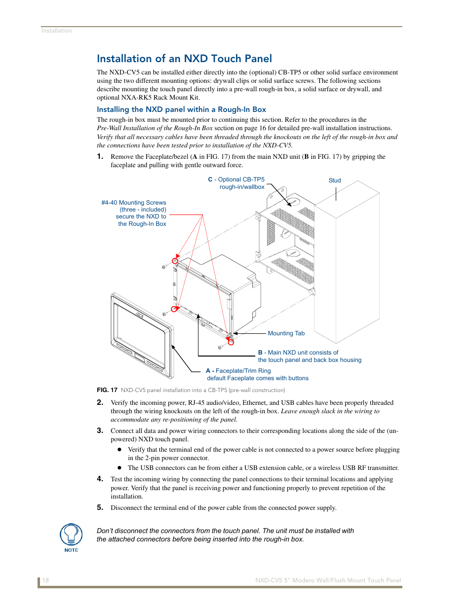 Installation of an nxd touch panel, Installing the nxd panel within a rough-in box | AMX Modero NXD-CV5 User Manual | Page 30 / 152