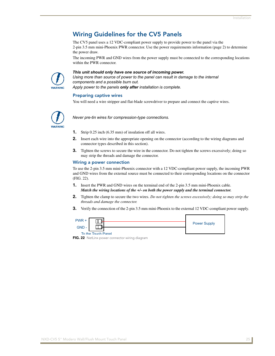 Wiring guidelines for the cv5 panels, Preparing captive wires, Wiring a power connection | AMX Modero NXD-CV5 User Manual | Page 37 / 152