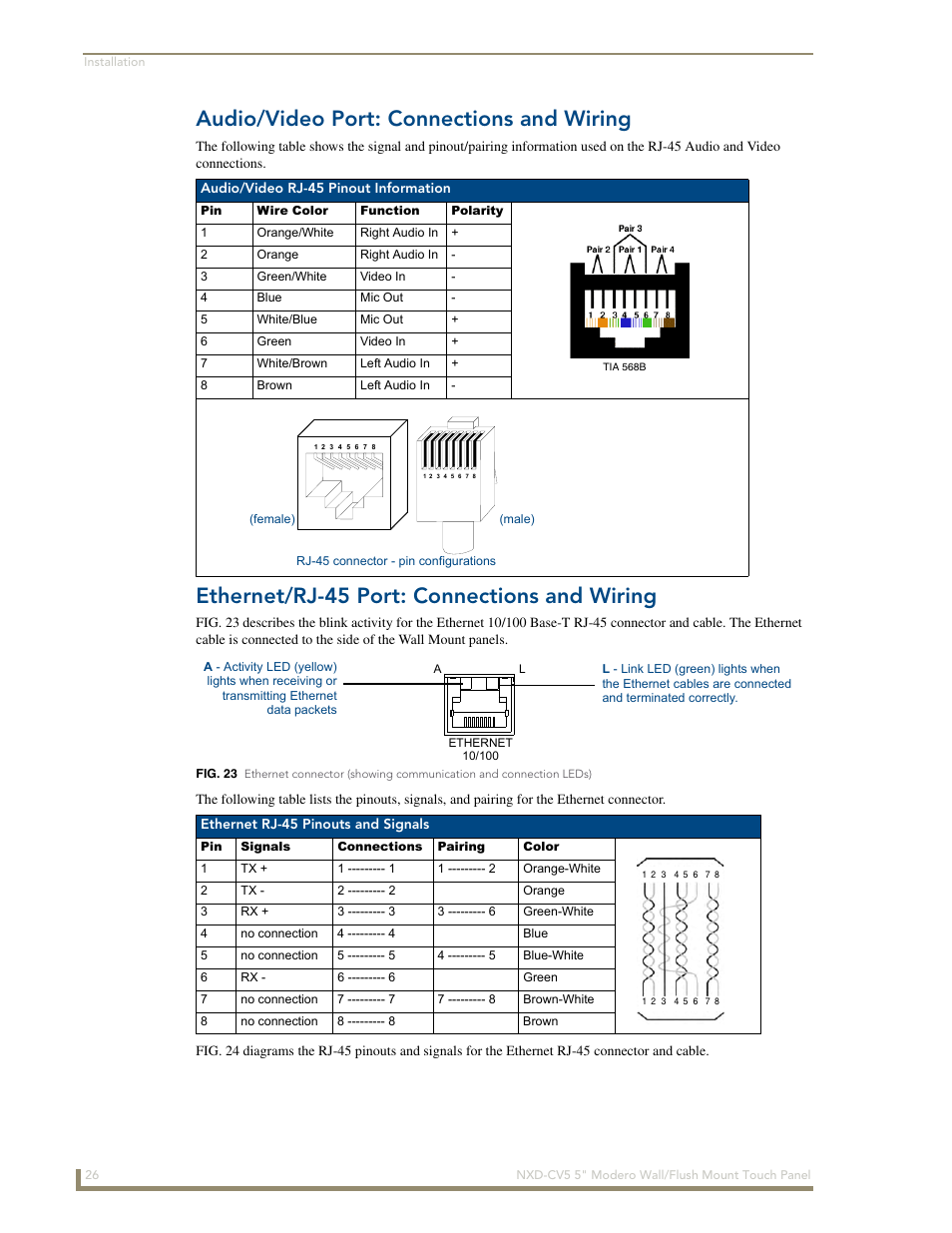 Audio/video port: connections and wiring, Ethernet/rj-45 port: connections and wiring | AMX Modero NXD-CV5 User Manual | Page 38 / 152