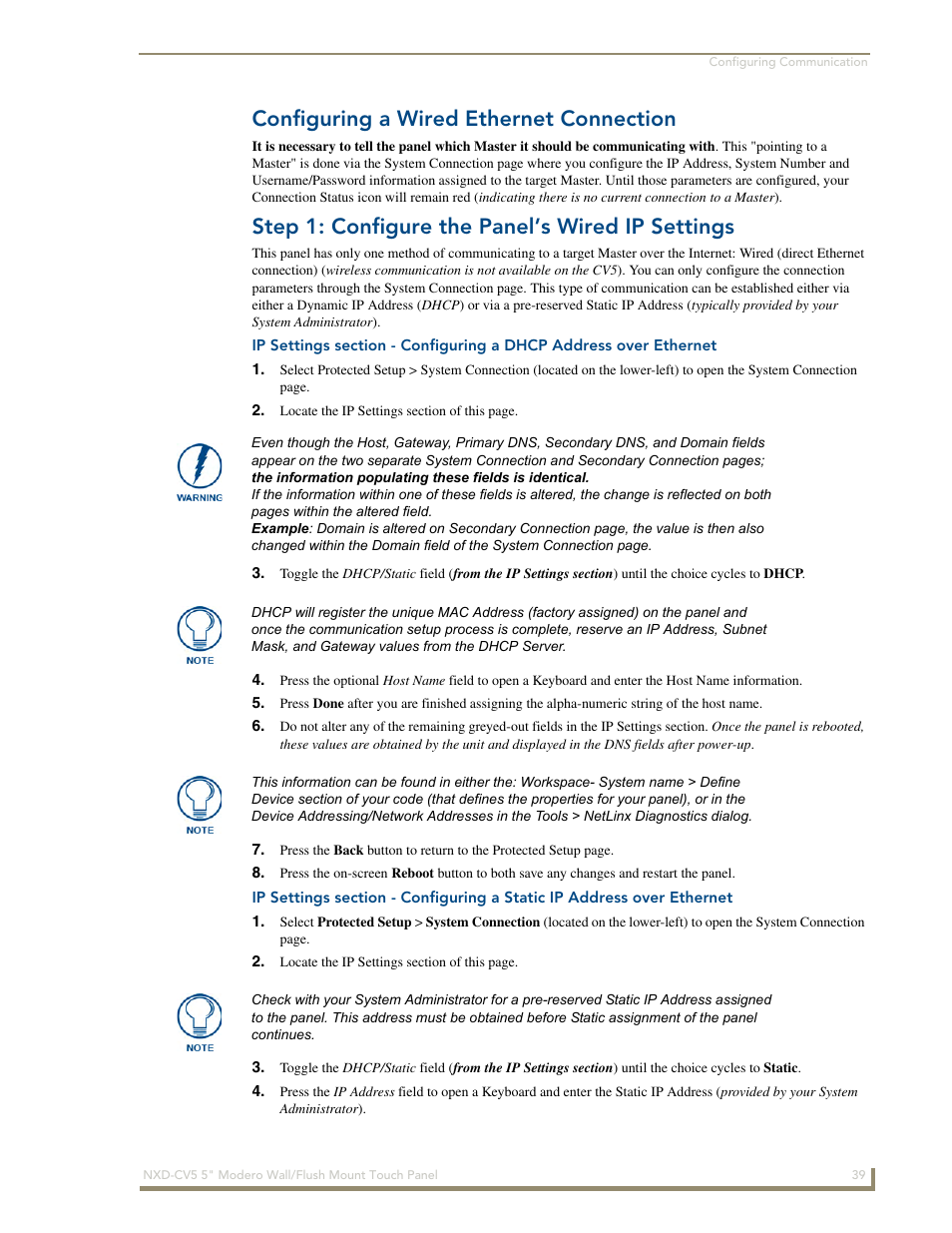 Configuring a wired ethernet connection, Step 1: configure the panel’s wired ip settings | AMX Modero NXD-CV5 User Manual | Page 51 / 152