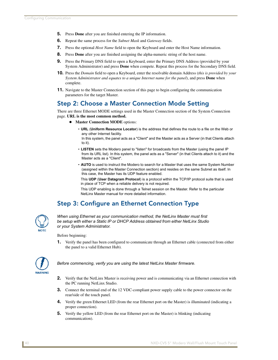 Step 2: choose a master connection mode setting, Step 3: configure an ethernet connection type | AMX Modero NXD-CV5 User Manual | Page 52 / 152