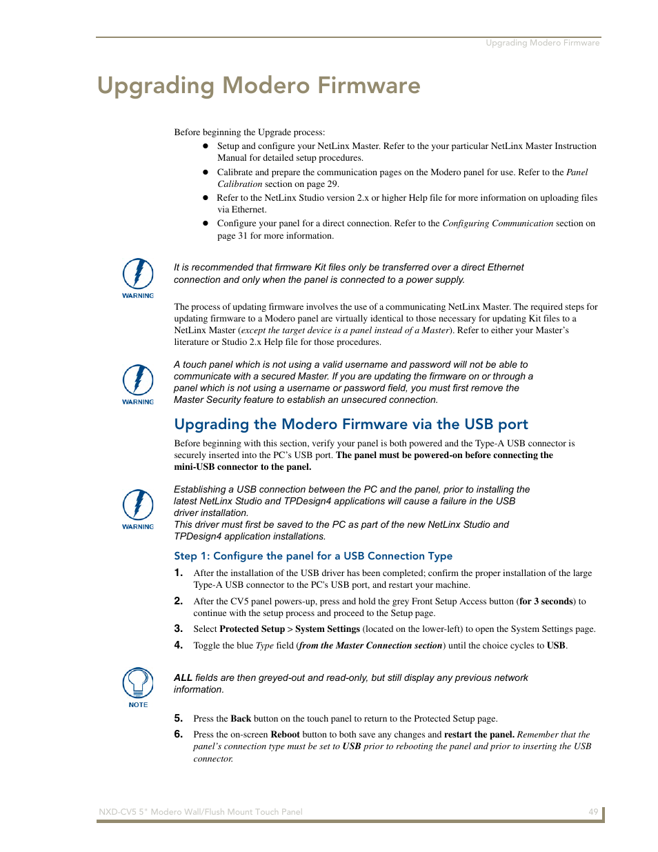 Upgrading modero firmware, Upgrading the modero firmware via the usb port | AMX Modero NXD-CV5 User Manual | Page 61 / 152