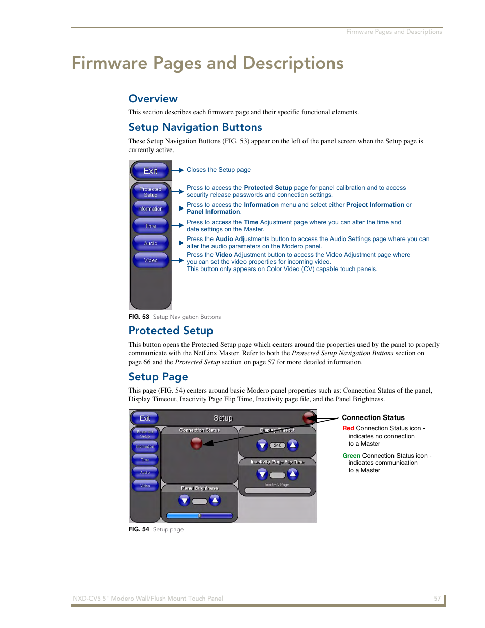 Overview, Setup navigation buttons, Protected setup | Firmware pages and descriptions, Setup page | AMX Modero NXD-CV5 User Manual | Page 69 / 152