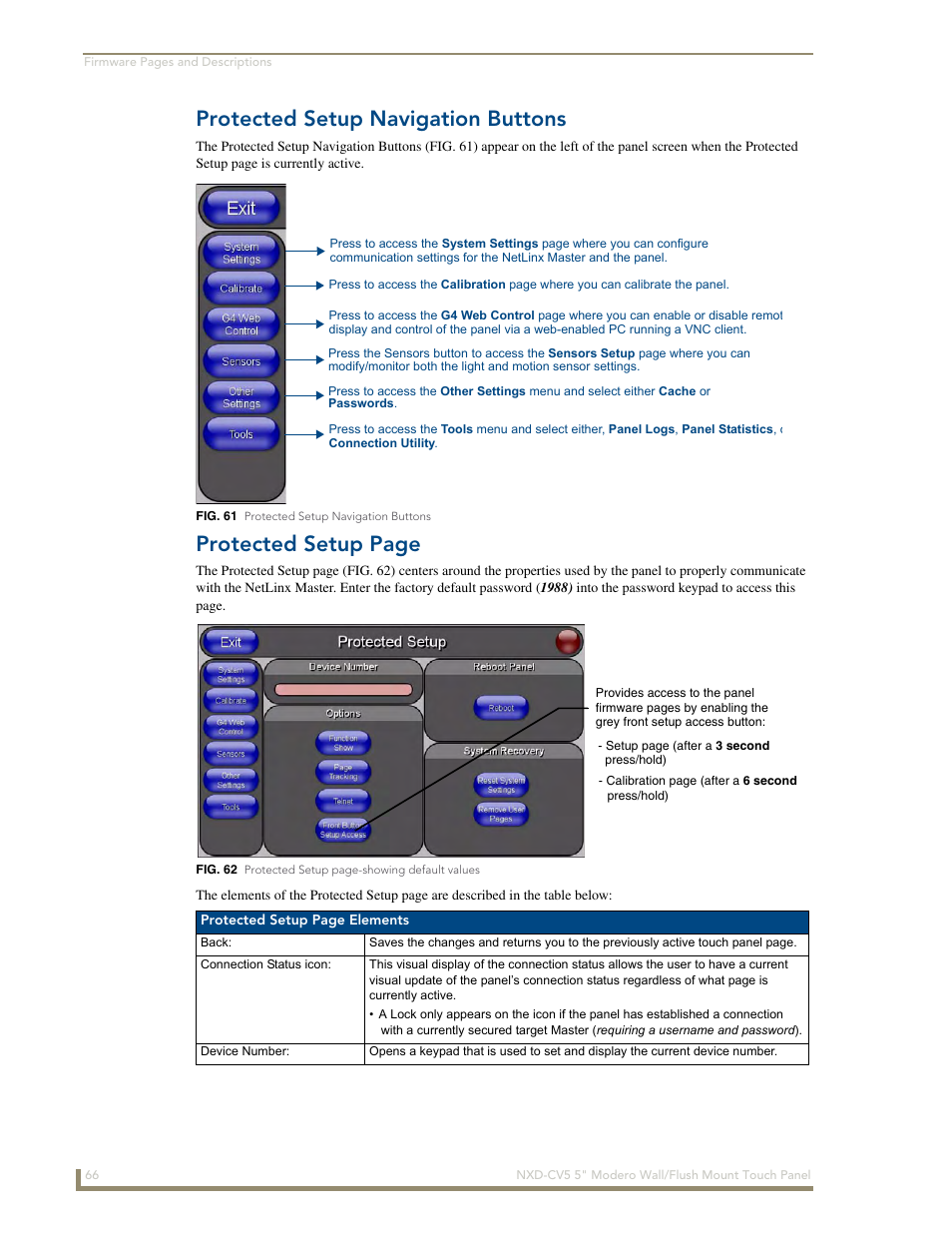 Protected setup navigation buttons, Protected setup page | AMX Modero NXD-CV5 User Manual | Page 78 / 152