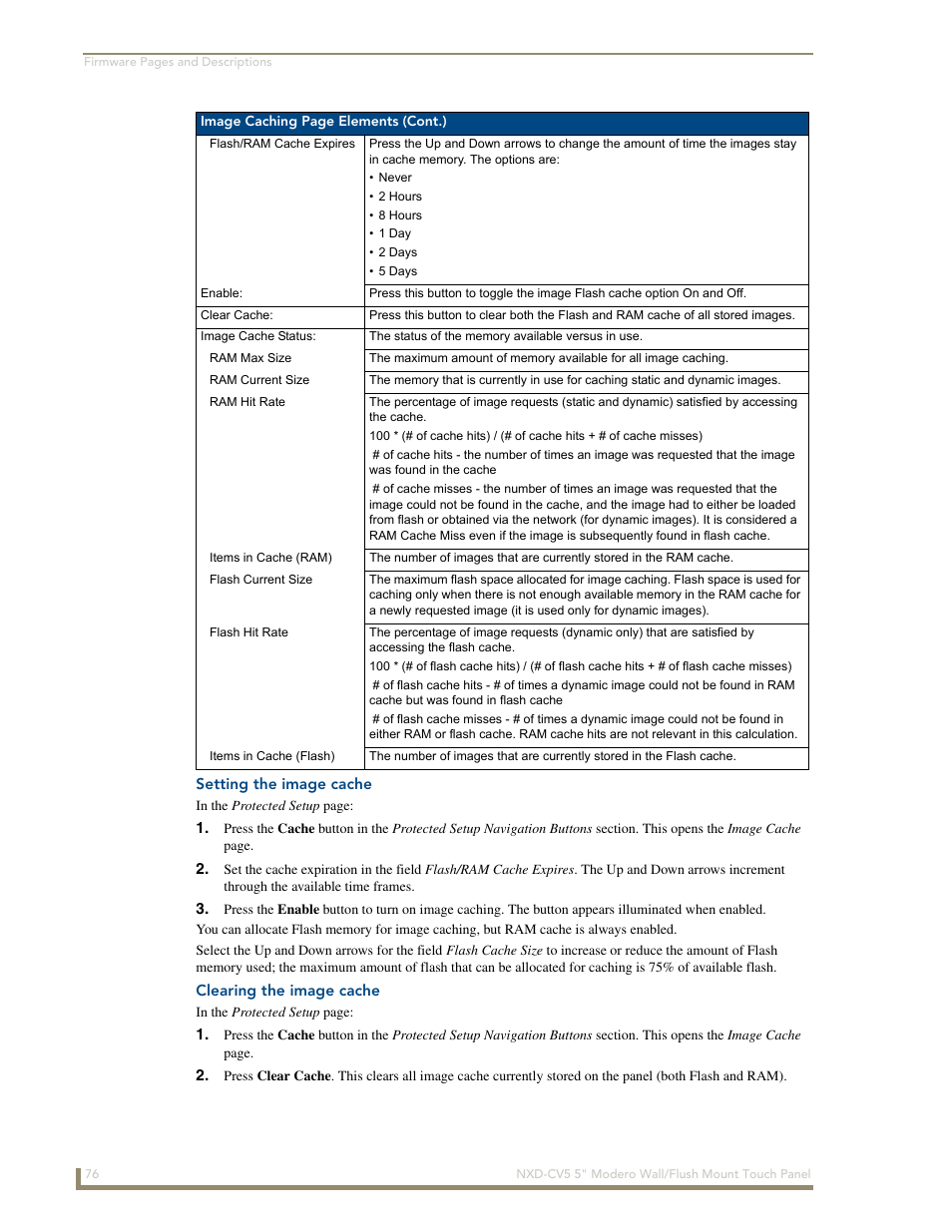 Setting the image cache, Clearing the image cache | AMX Modero NXD-CV5 User Manual | Page 88 / 152