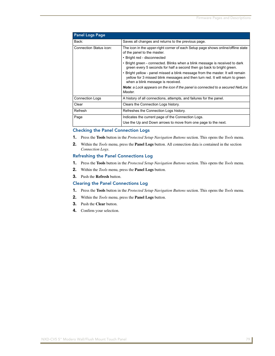 Checking the panel connection logs, Refreshing the panel connections log, Clearing the panel connections log | AMX Modero NXD-CV5 User Manual | Page 91 / 152