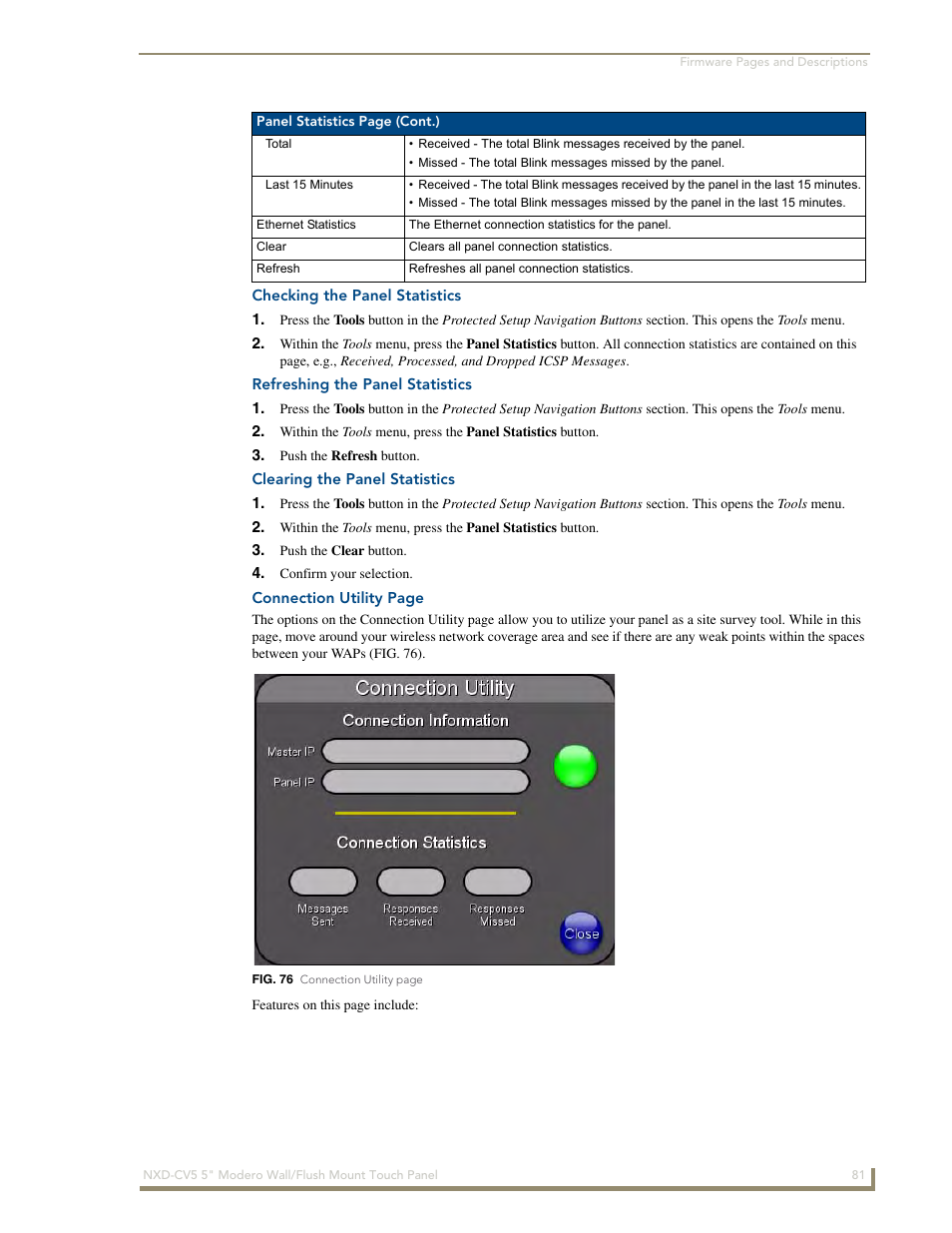 Checking the panel statistics, Refreshing the panel statistics, Clearing the panel statistics | AMX Modero NXD-CV5 User Manual | Page 93 / 152