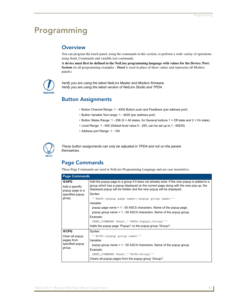 Programming, Overview, Button assignments | Apg @cpg, Button assignments page commands | AMX Modero NXD-CV5 User Manual | Page 95 / 152