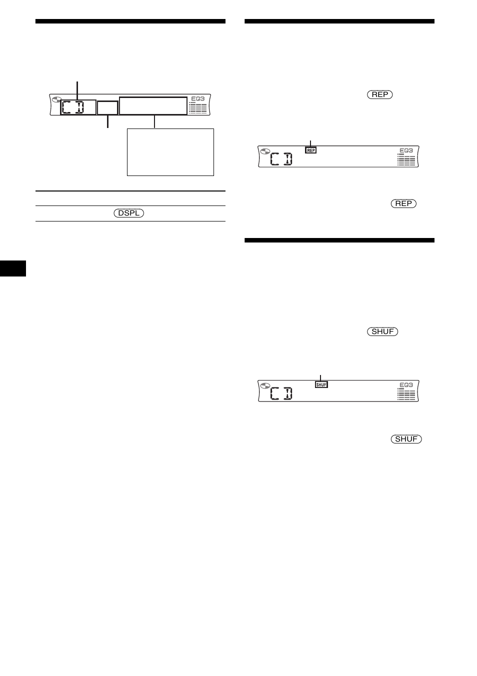 Display items, Playing tracks repeatedly, Repeat play | Playing tracks in random order, Shuffle play, Display items playing tracks repeatedly, On 10, 10 display items | Sony CDX-RW300 User Manual | Page 10 / 40