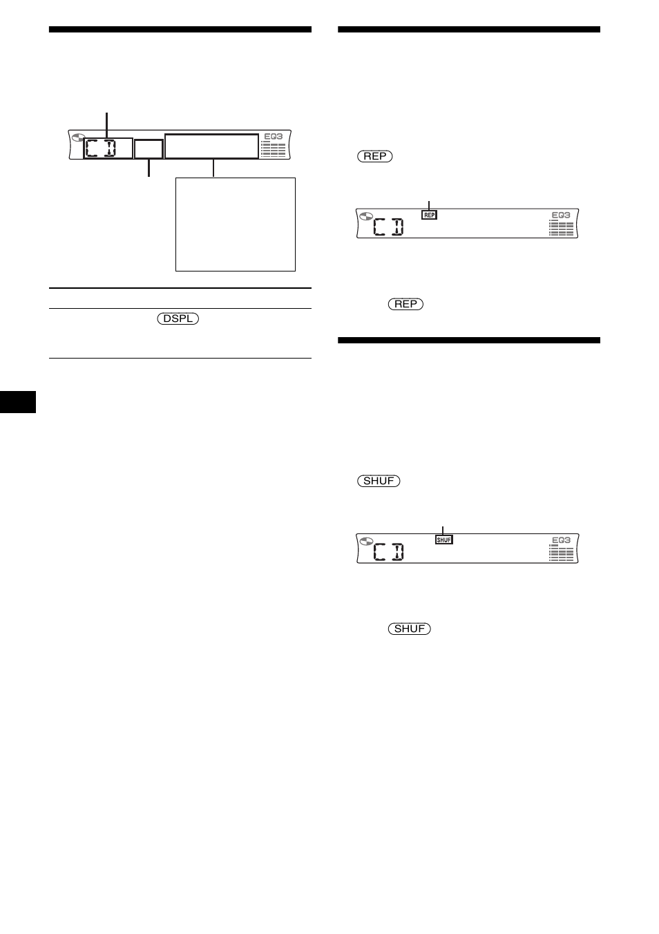 Elementos de la pantalla, Reproducción repetida de pistas, Reproducción repetida | Reproducción de pistas en orden aleatorio, Reproducción aleatoria, 10 elementos de la pantalla | Sony CDX-RW300 User Manual | Page 28 / 40