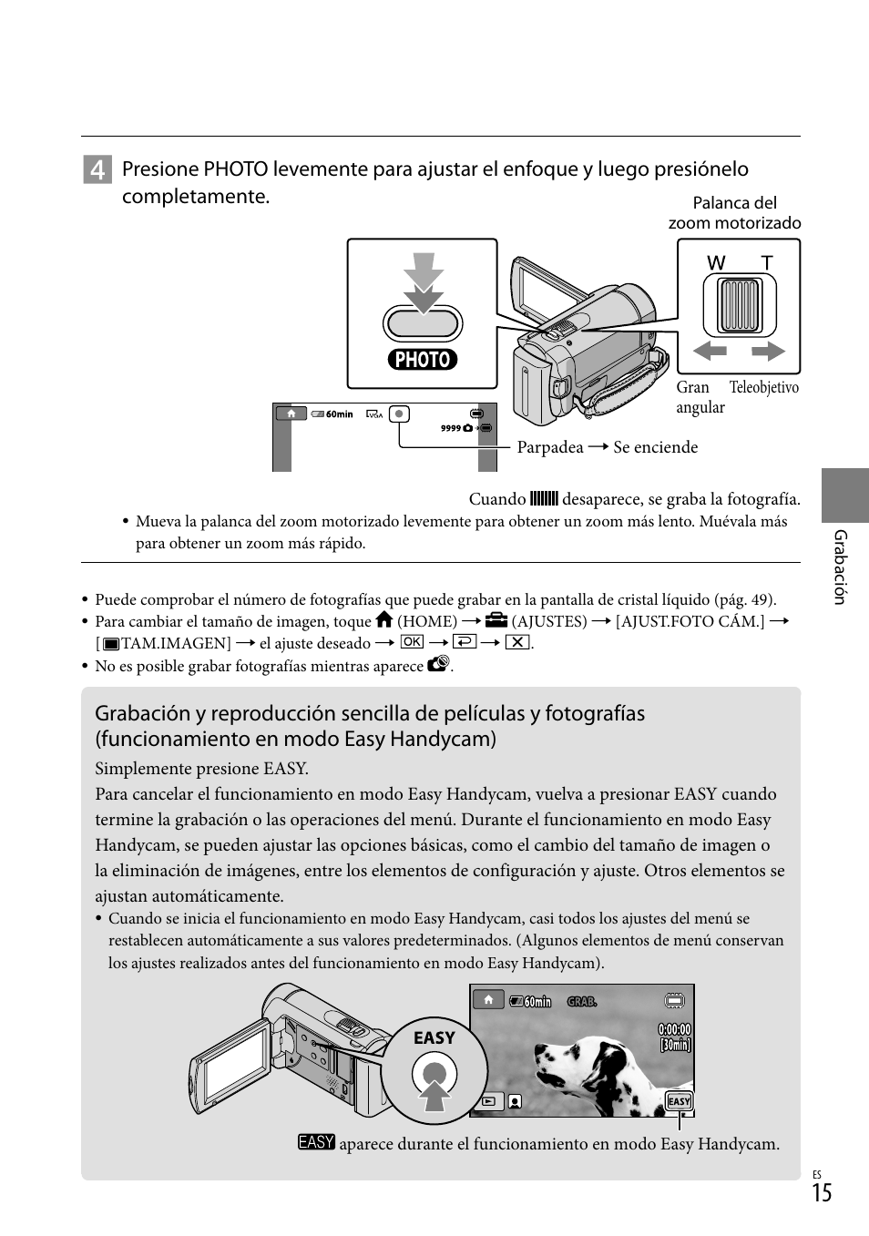 Funcionamiento en modo easy handycam) | Sony DCR-SX40 User Manual | Page 69 / 108