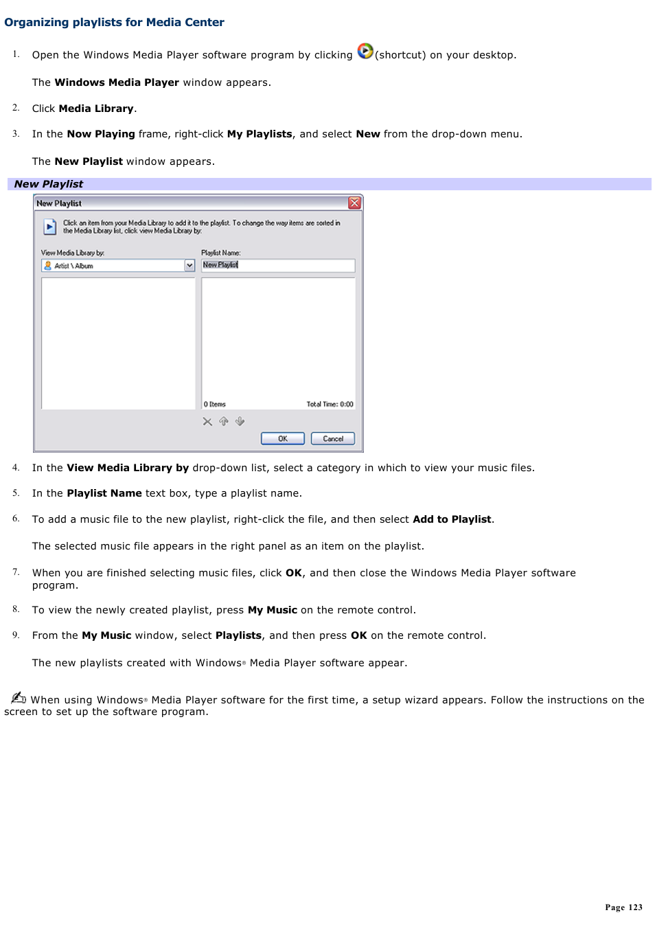 Organizing playlists for media center | Sony VGC-RA716GY User Manual | Page 123 / 262