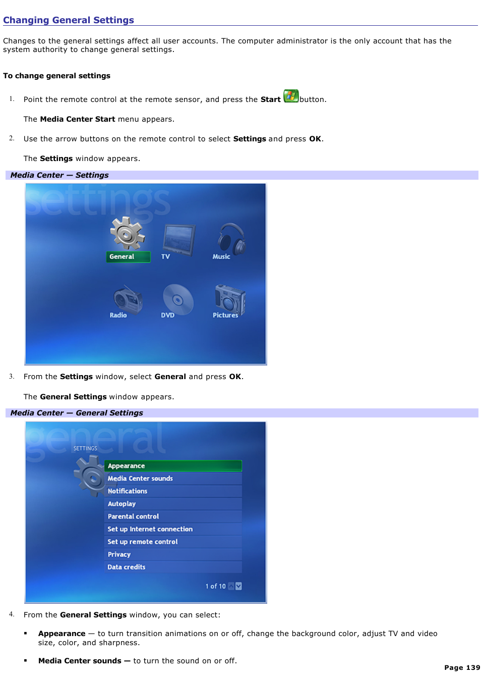 Changing general settings | Sony VGC-RA716GY User Manual | Page 139 / 262