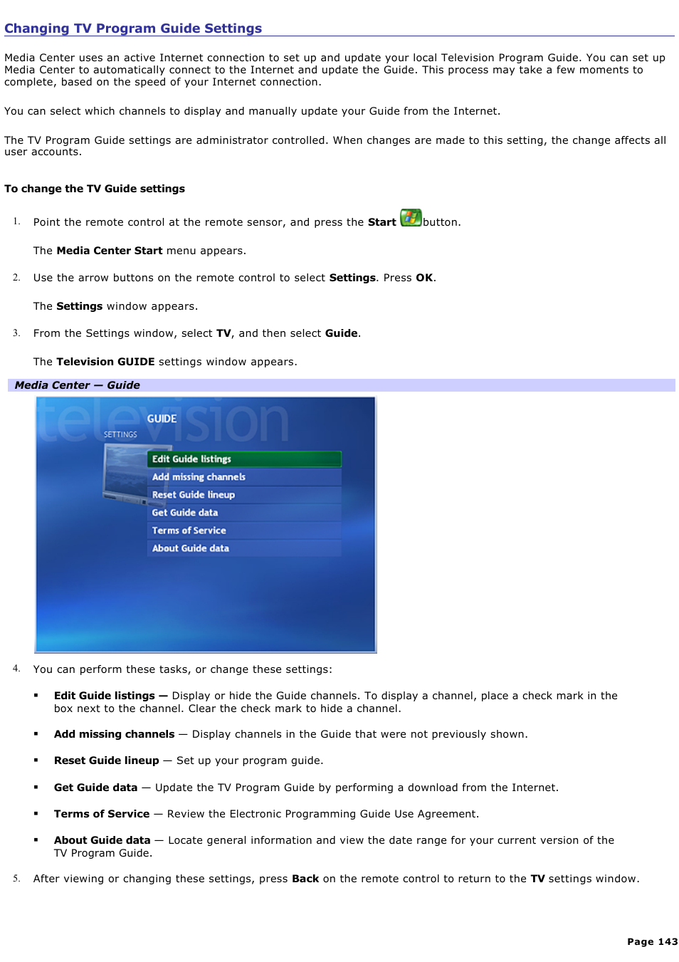 Changing tv program guide settings | Sony VGC-RA716GY User Manual | Page 143 / 262