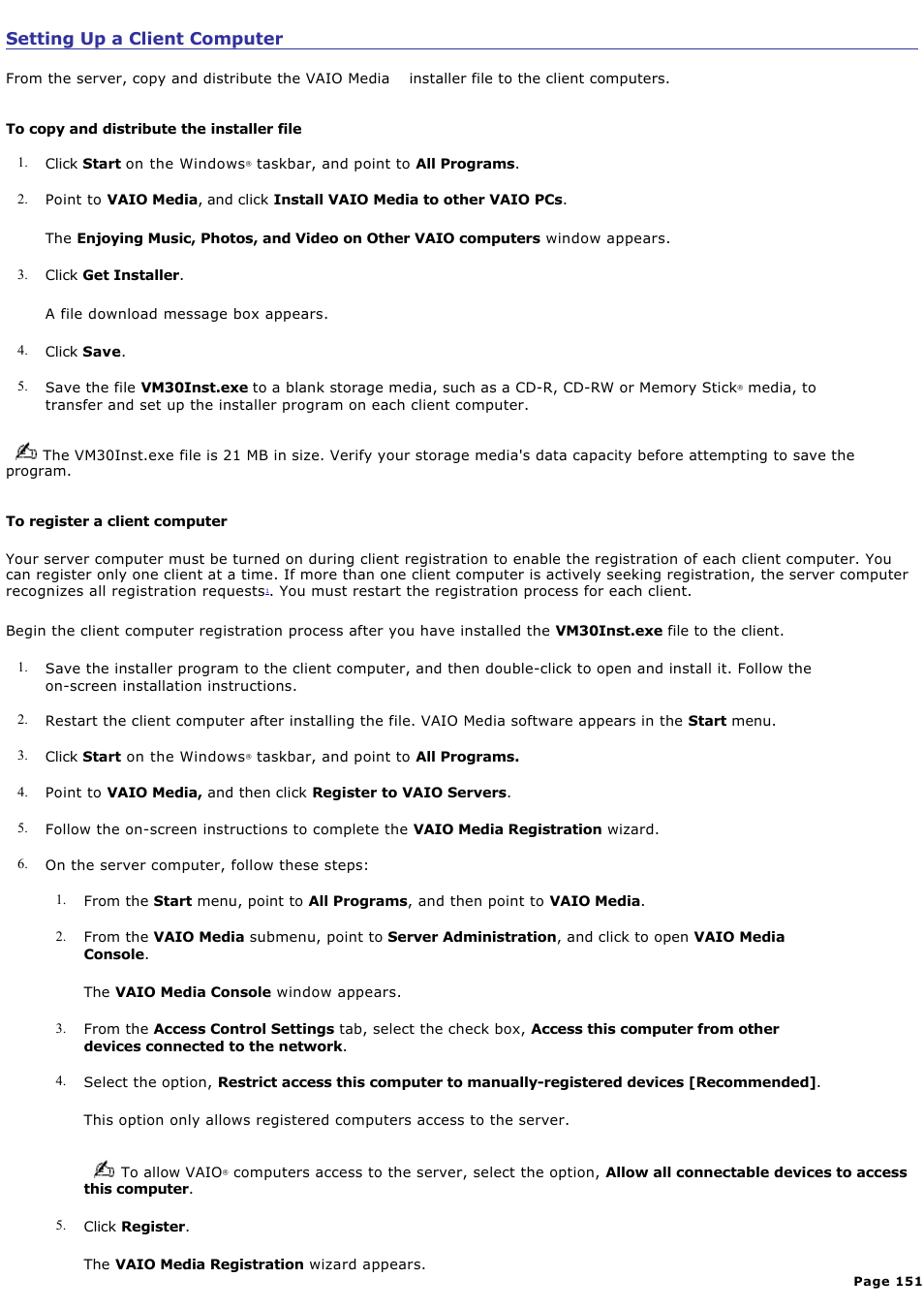 Setting up a client computer | Sony VGC-RA716GY User Manual | Page 151 / 262