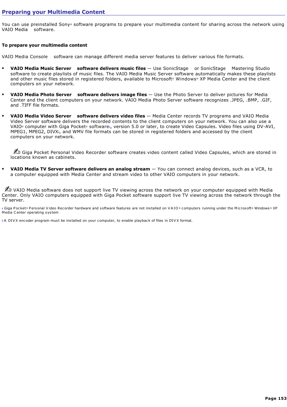 Preparing your multimedia content | Sony VGC-RA716GY User Manual | Page 153 / 262
