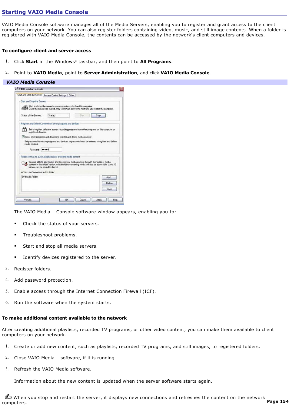 Starting vaio media console | Sony VGC-RA716GY User Manual | Page 154 / 262