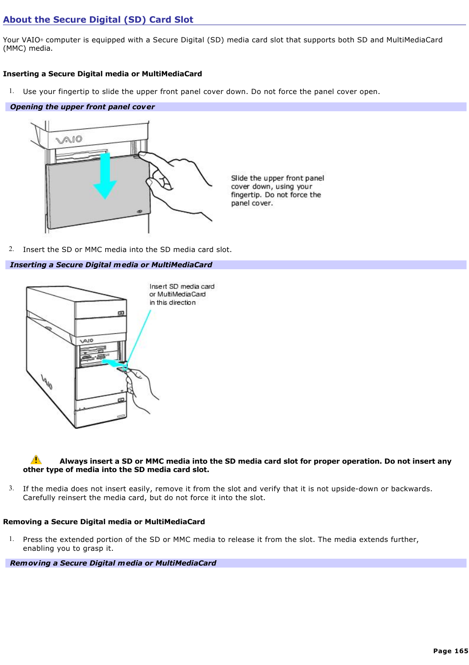 About the secure digital (sd) card slot | Sony VGC-RA716GY User Manual | Page 165 / 262