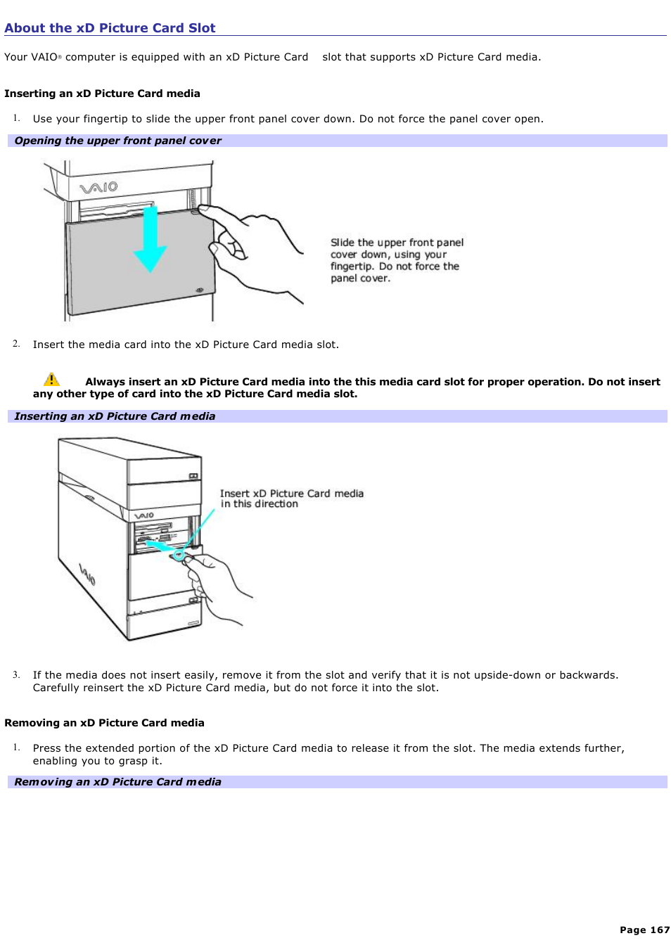 About the xd picture card slot | Sony VGC-RA716GY User Manual | Page 167 / 262