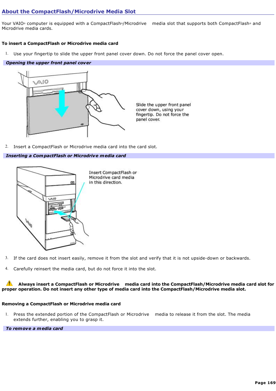 About the compactflash/microdrive media slot | Sony VGC-RA716GY User Manual | Page 169 / 262