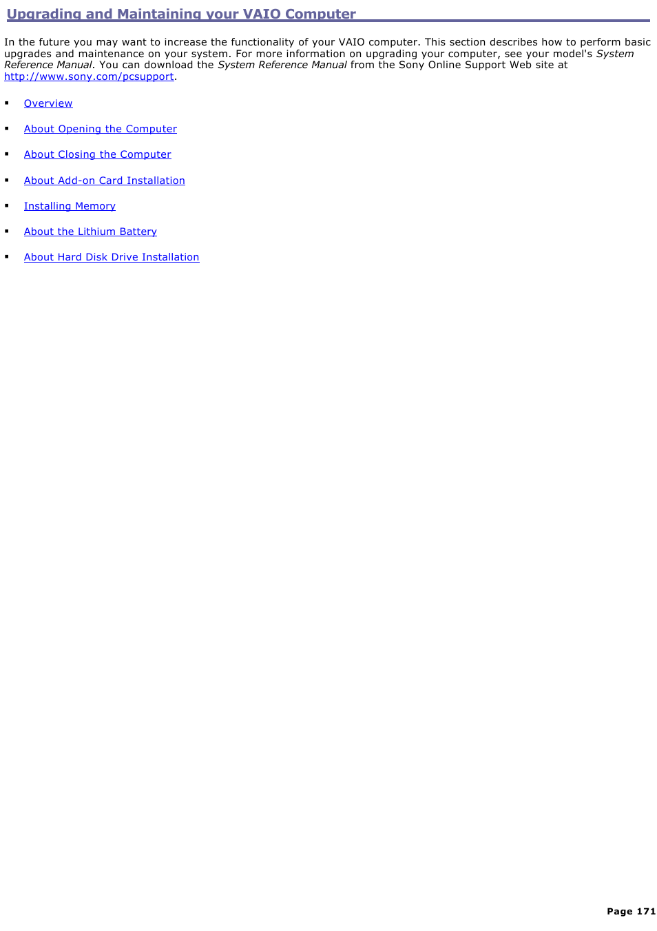 Upgrading and maintaining your vaio computer | Sony VGC-RA716GY User Manual | Page 171 / 262