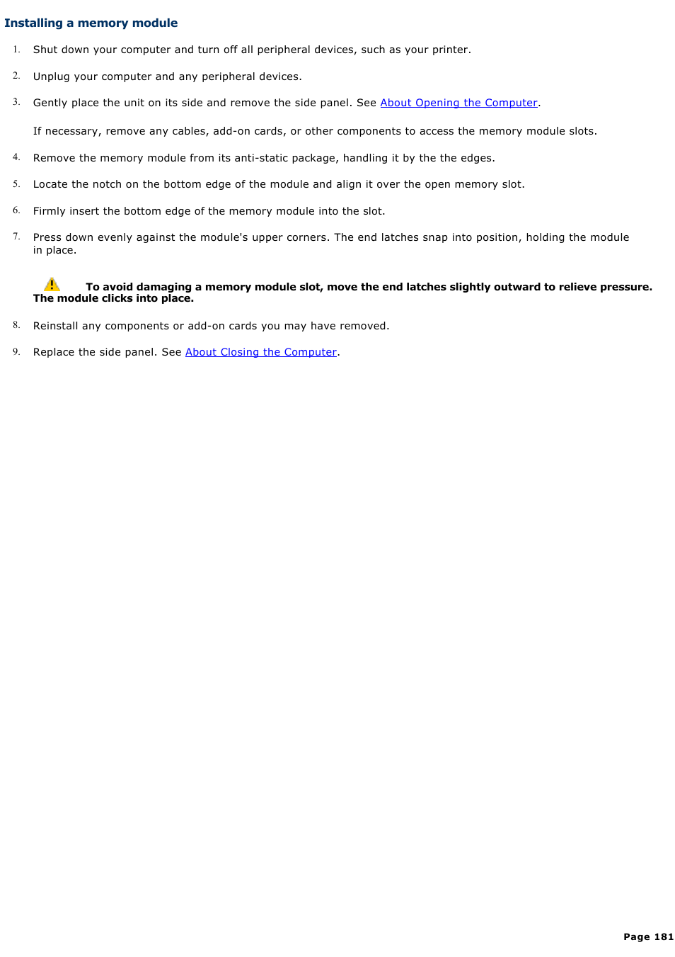 Installing a memory module | Sony VGC-RA716GY User Manual | Page 181 / 262