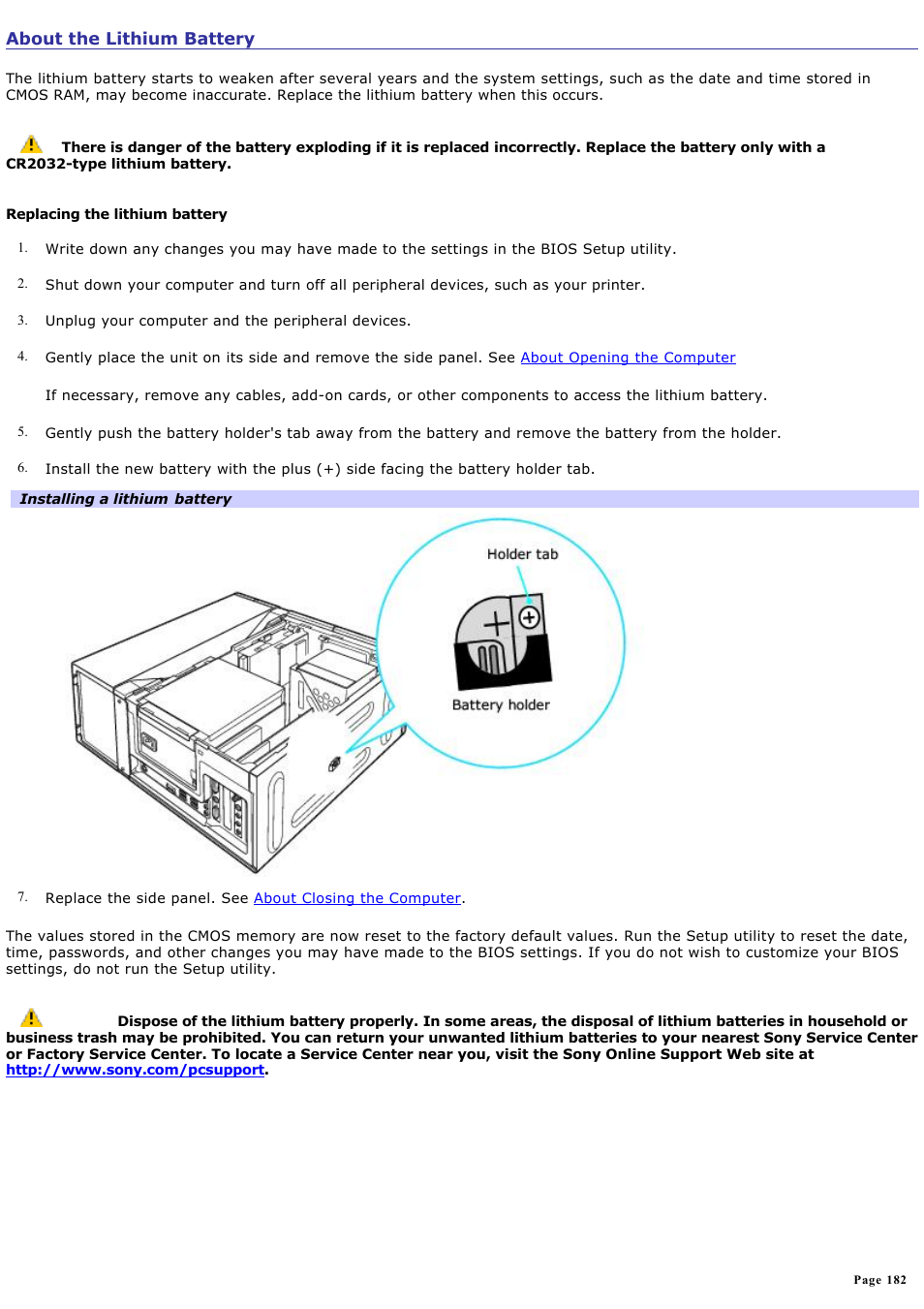 About the lithium battery | Sony VGC-RA716GY User Manual | Page 182 / 262