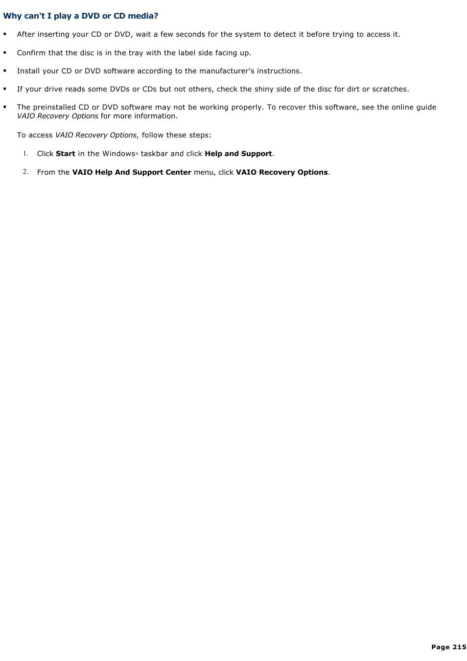 Why can't i play a dvd or cd media | Sony VGC-RA716GY User Manual | Page 215 / 262