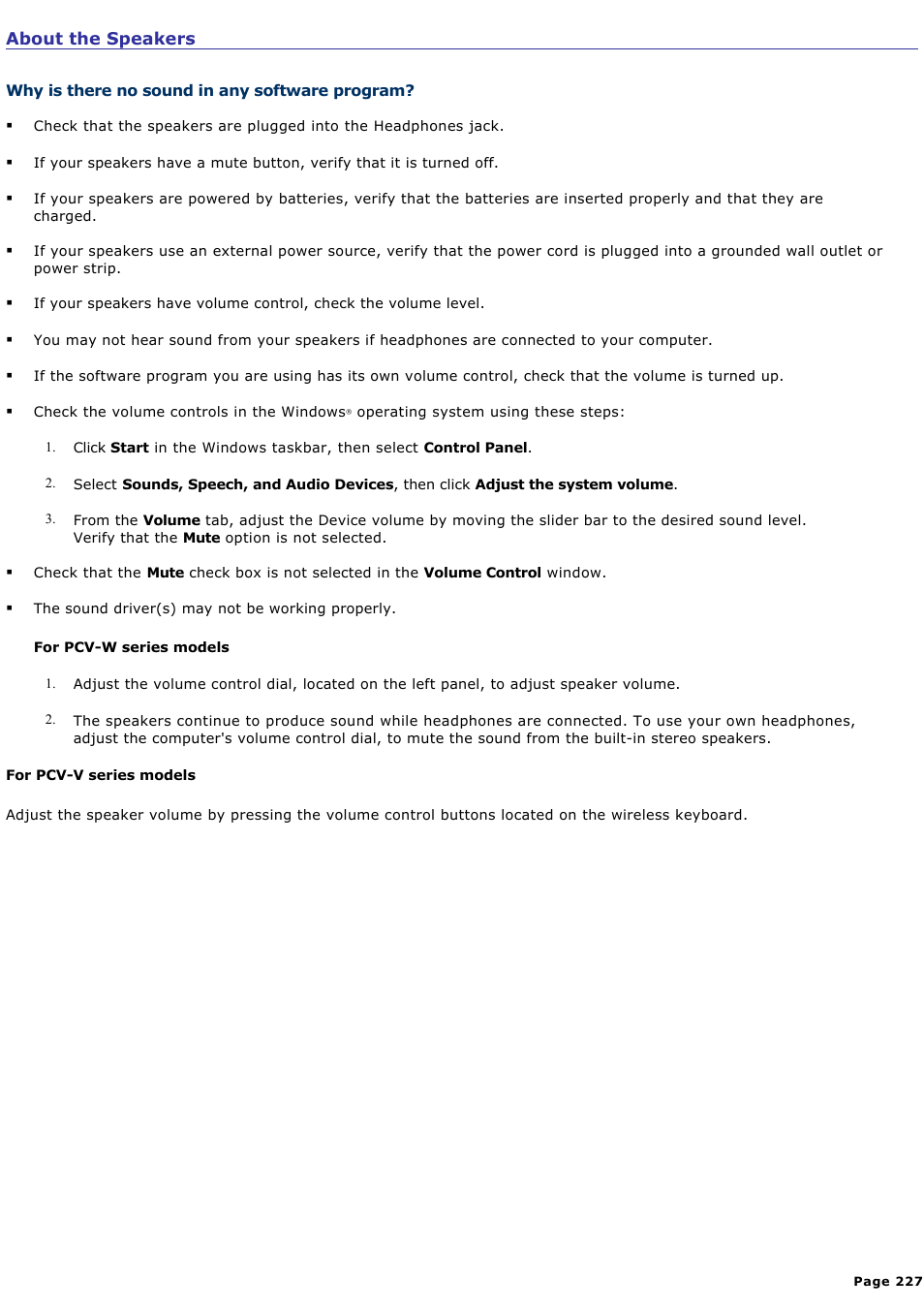 Why is there no sound in any software program | Sony VGC-RA716GY User Manual | Page 227 / 262