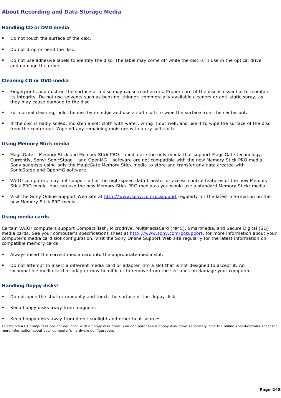 Handling cd or dvd media | Sony VGC-RA716GY User Manual | Page 248 / 262