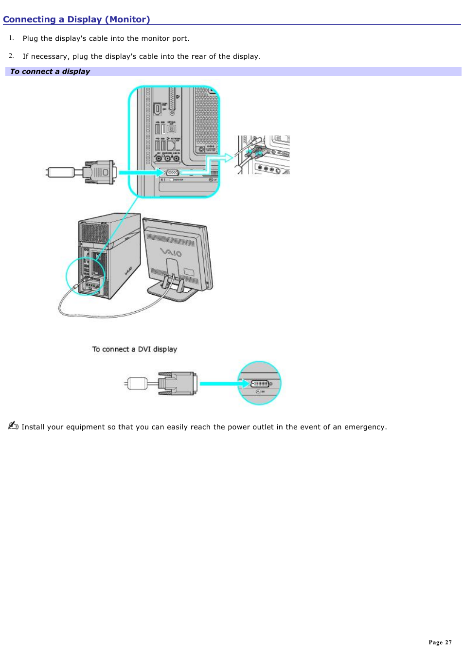 Connecting a display (monitor) | Sony VGC-RA716GY User Manual | Page 27 / 262